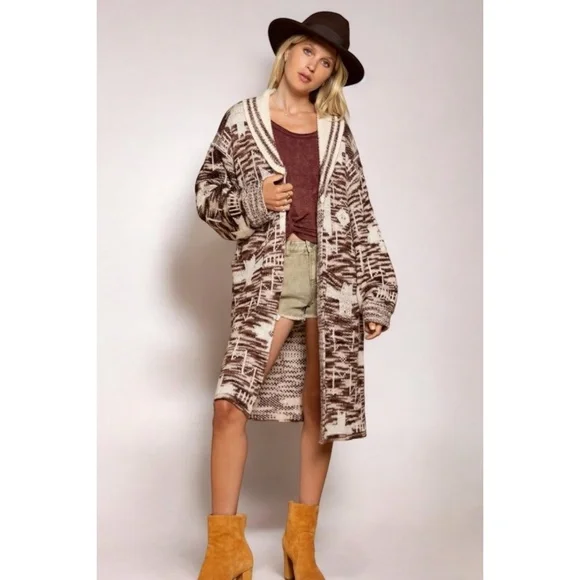 POL Beige & Brown Aztec Belted Knit Cardigan - Picture 4 of 9
